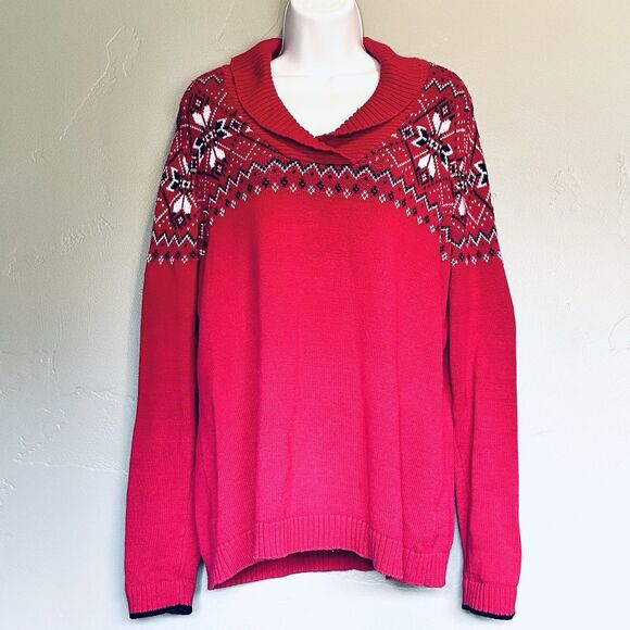 Womens Nordic Fair Isle Knit Snowflake Sweater L Apres Ski Winter CabinCore Red - Picture 1 of 9